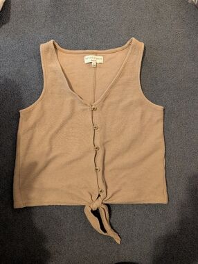 Madewell Texture & Thread Button Front Tie Ribbed Tank Top Cropped Tan Oat